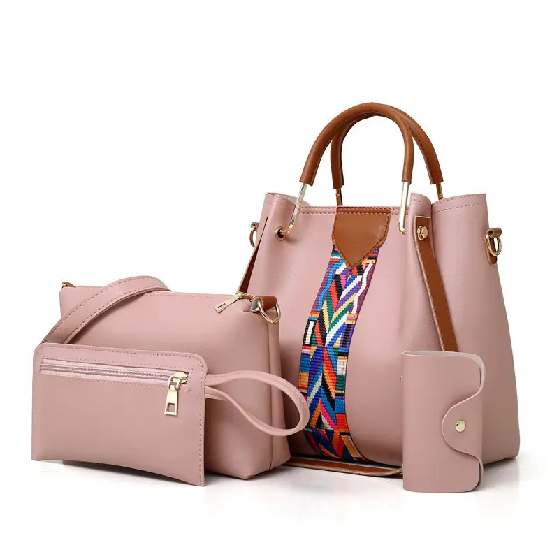 Pink 4-Piece Polyester Handbag Set with Geometric Strap
