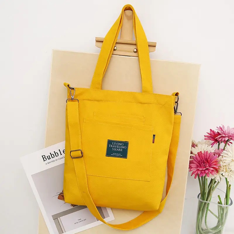 Yellow Canvas Shoulder Bag for Women with Detachable Strap