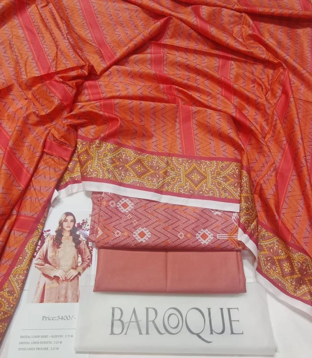 3-Piece Digital Print Linen Suit Orange Pakistani Women