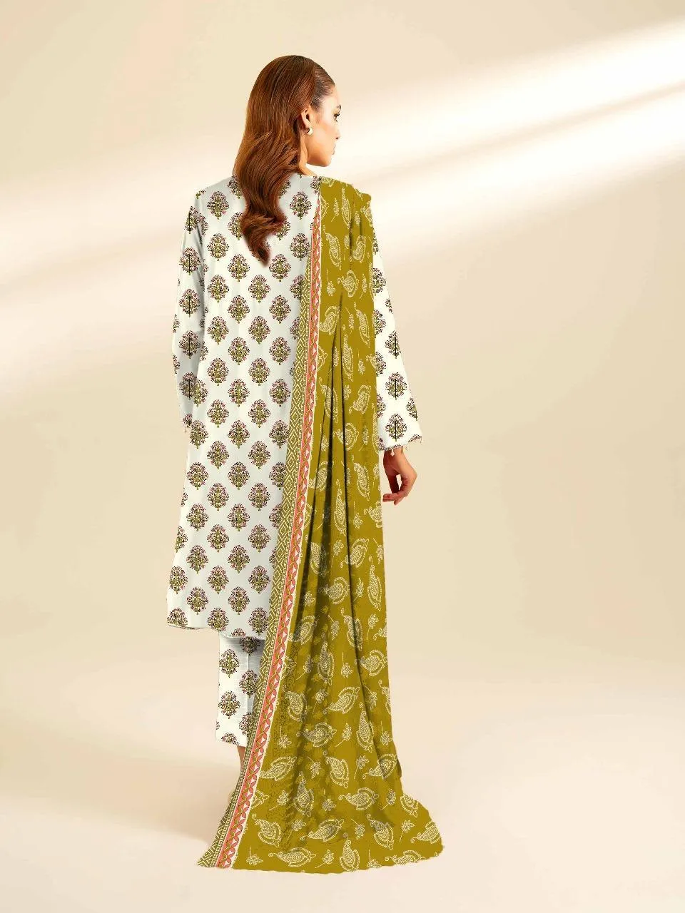 Unstitched Printed Linen 3-Piece Suit with Green Dupatta