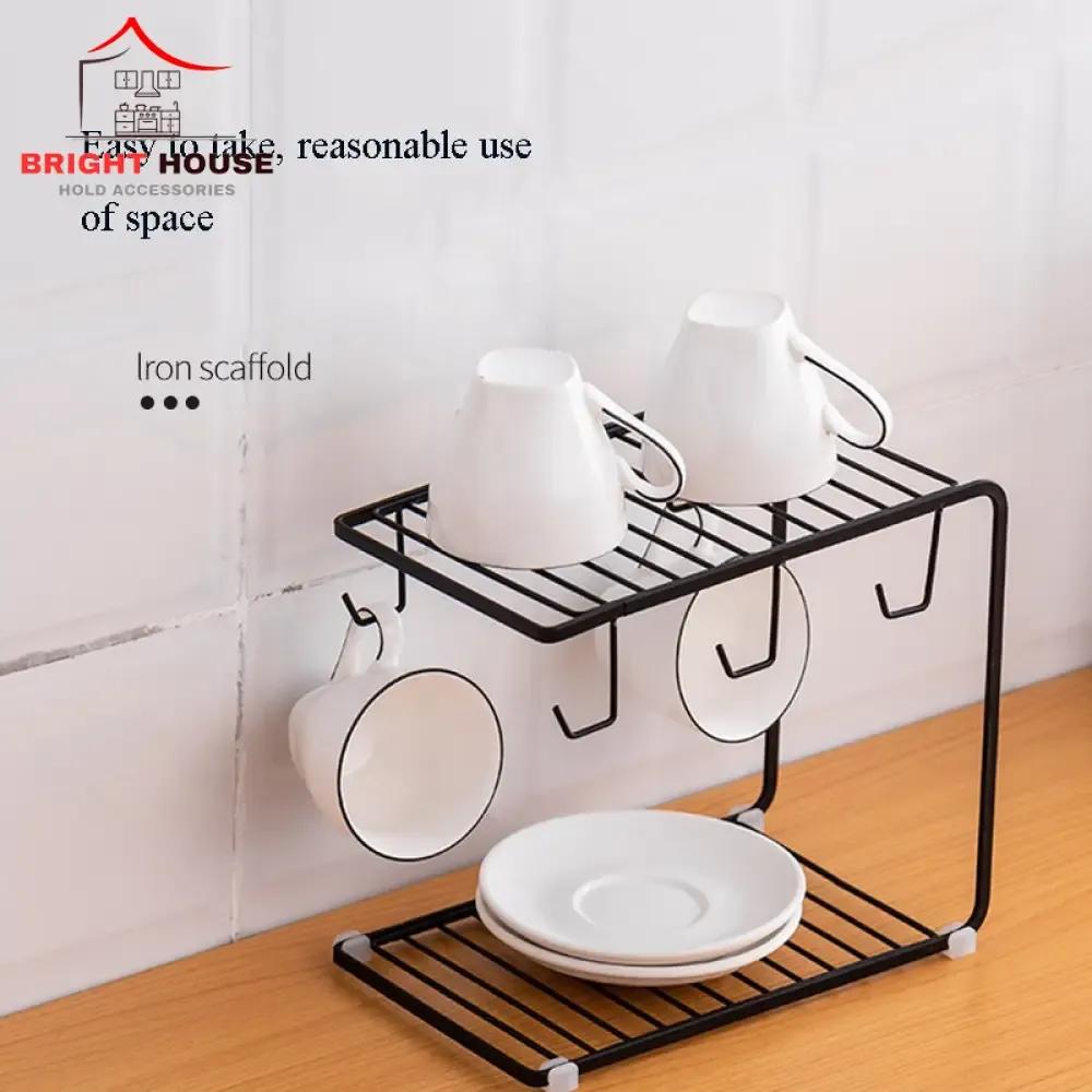 Black Metal Coffee Cup Stand with Hanging Hooks & Shelf