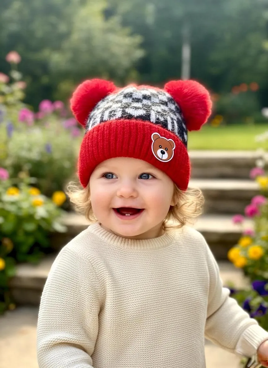 Kids Wool Bear Cap Red Pom Pom Warm