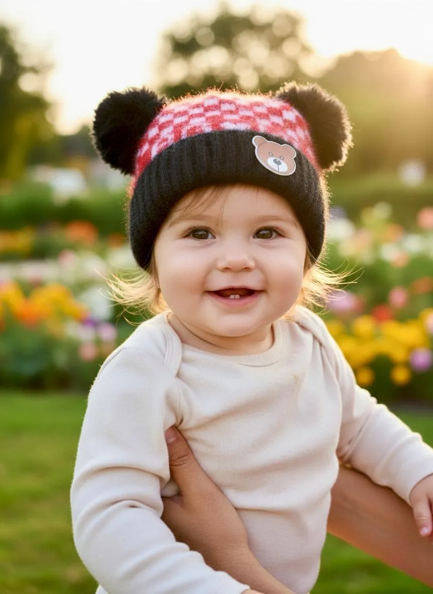 Kids Wool Bear Cap Red Pom Pom Warm