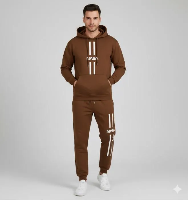 Men NASA Printed Track Suit Brown Polyester Hoodie Trousers