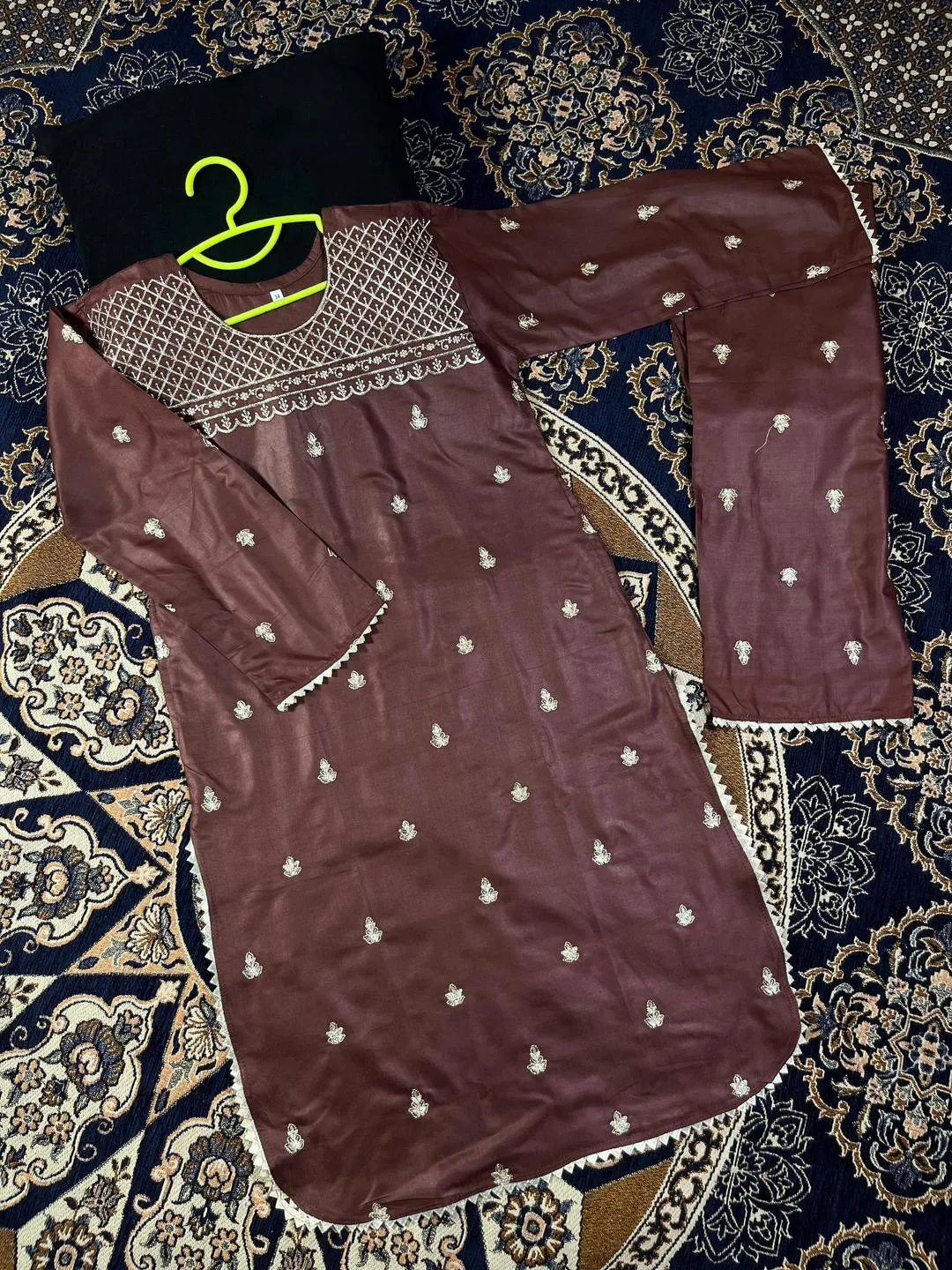 Girls Linen Kurta Pajama Set Brown Gold Embroidery 1-12Y
