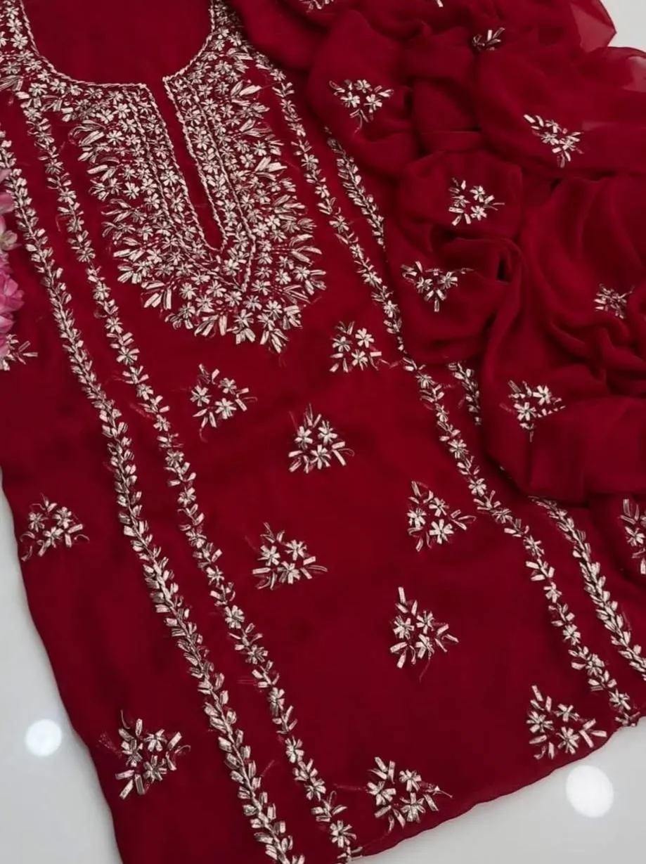 Red Chiffon Gota Work 2-Piece Suit for Weddings