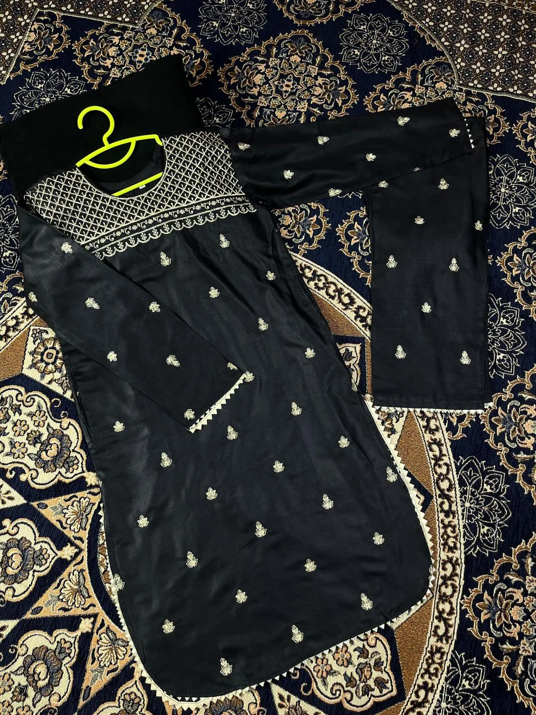 Black Linen 2-Piece Suit for Girls with Gold Embroidery