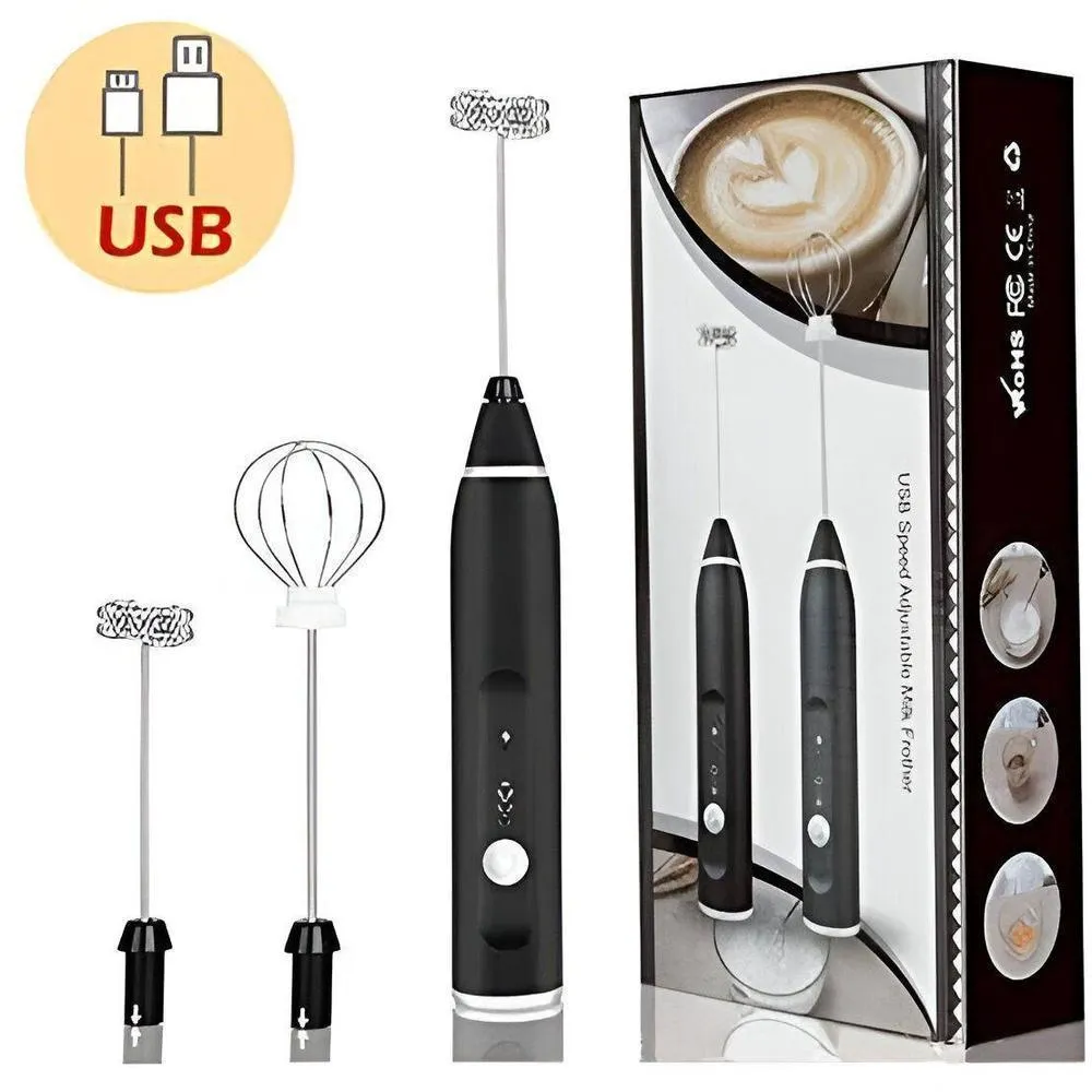 USB Rechargeable Coffee Beater with 2 Attachments Black