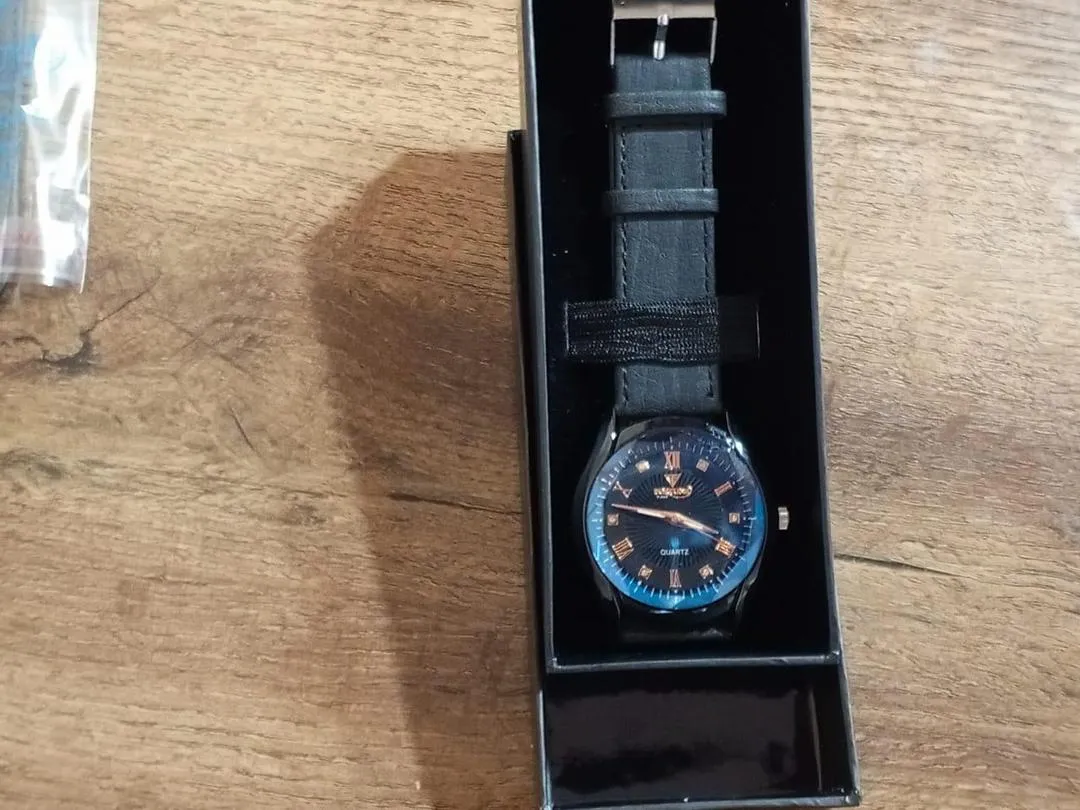 Men's Black PU Leather Strap Watch with Box
