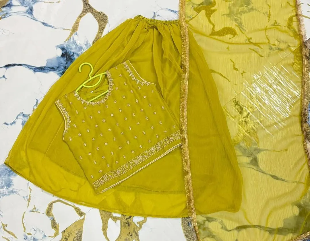 Girls Chiffon Embroidered Set Yellow 7-12Yrs