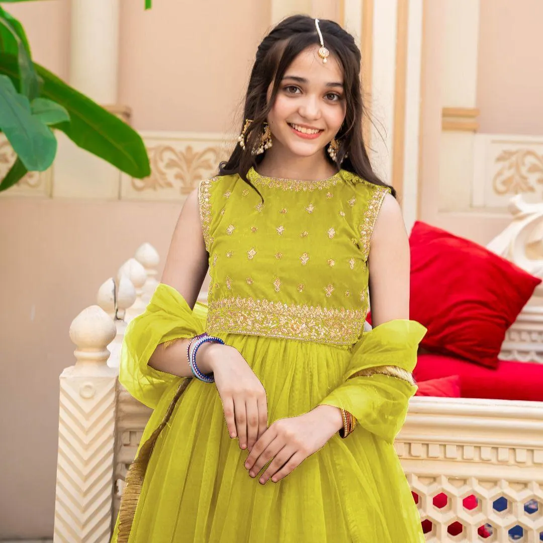 Girls Chiffon Embroidered Set Yellow 7-12Yrs