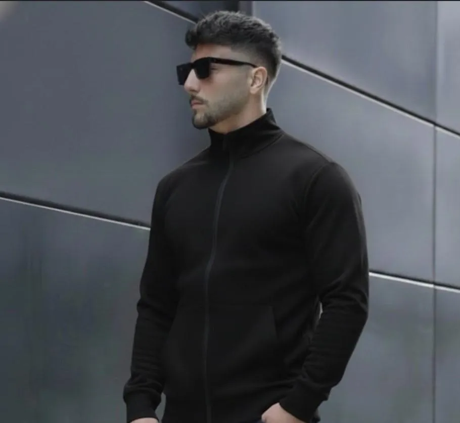 Men's Black Fleece Jacket with Ban Collar Winter Wear