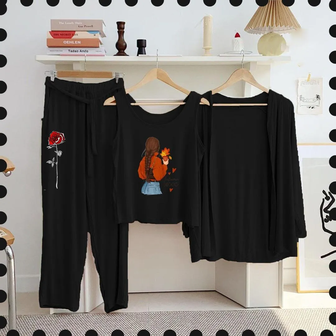 3 Pcs Printed Black Jersey Night Suit for Women