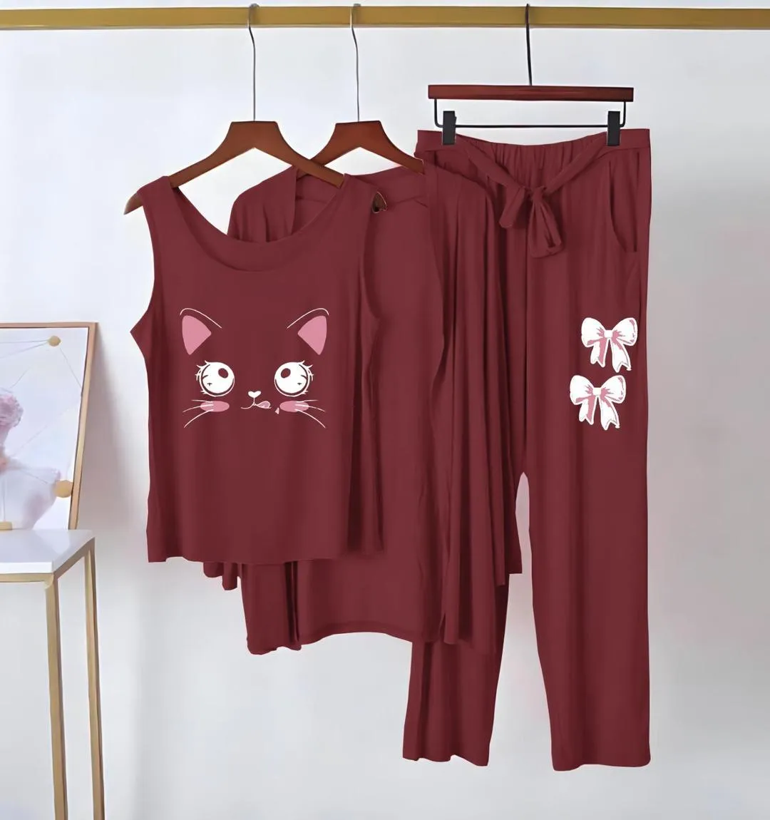 Cute Cat Face Night Suit 3Pc Jersey Set