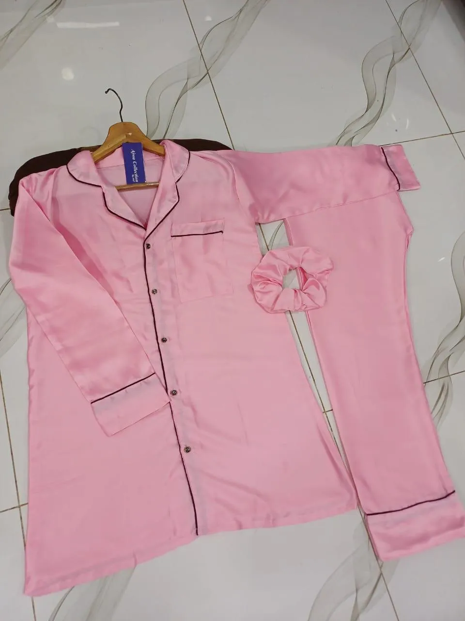 Pink Silk 2Pcs Night Suit With Piping Work
