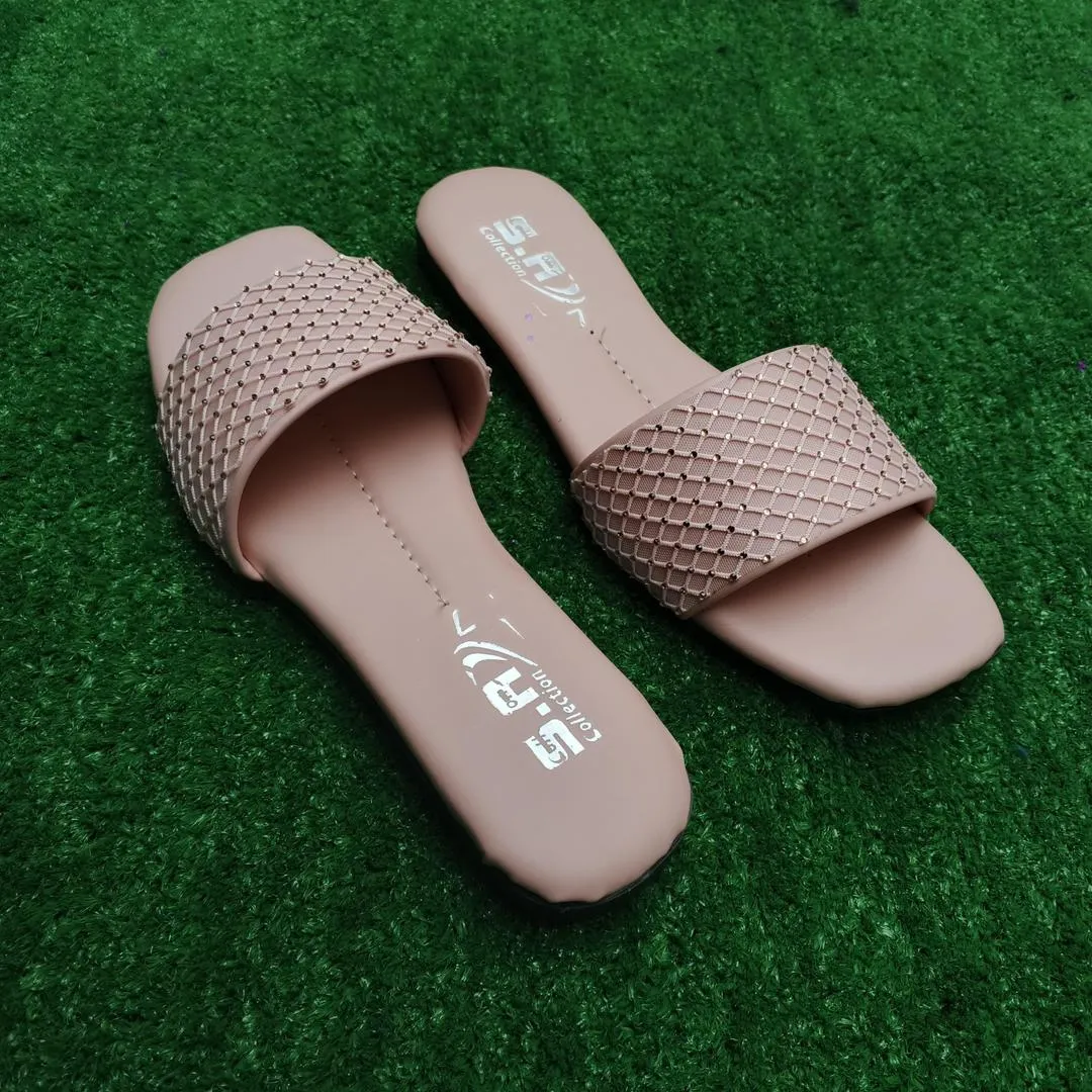 Women Synthetic Leather Rhinestone Flats Pink Size 6-10