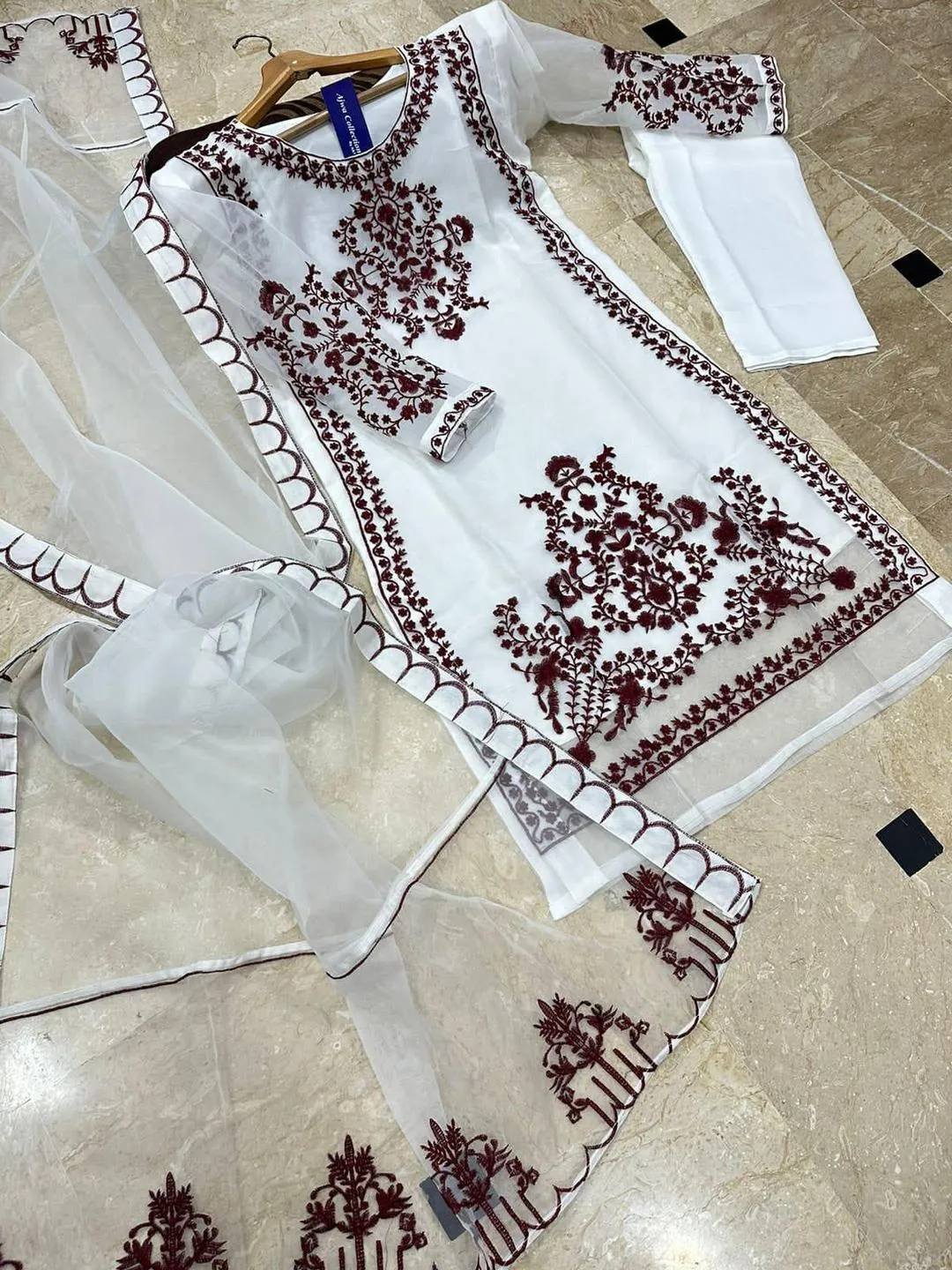 Wedding Eid 3-Piece Organza Embroidered Suit White Red