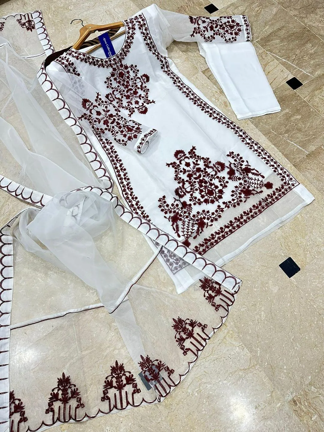 Wedding Eid 3-Piece Organza Embroidered Suit White Red