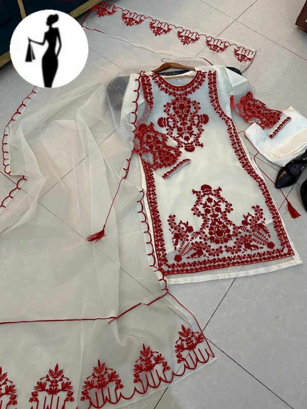 Wedding Eid 3-Piece Organza Embroidered Suit White Red