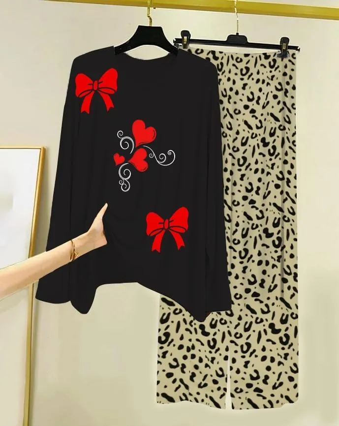 Black Bow Print Night Suit with Leopard Pants