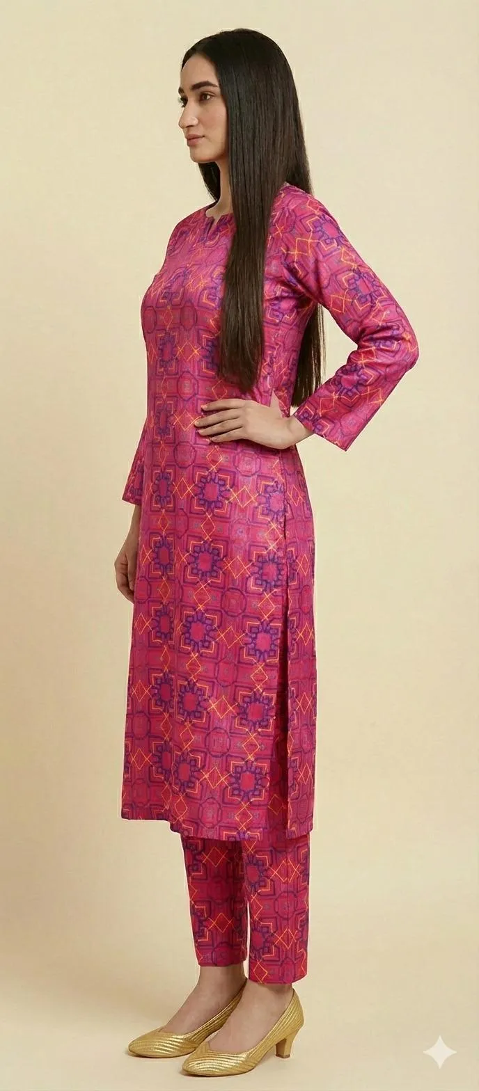 Pink Printed 2-Piece Katan Silk Suit for Women