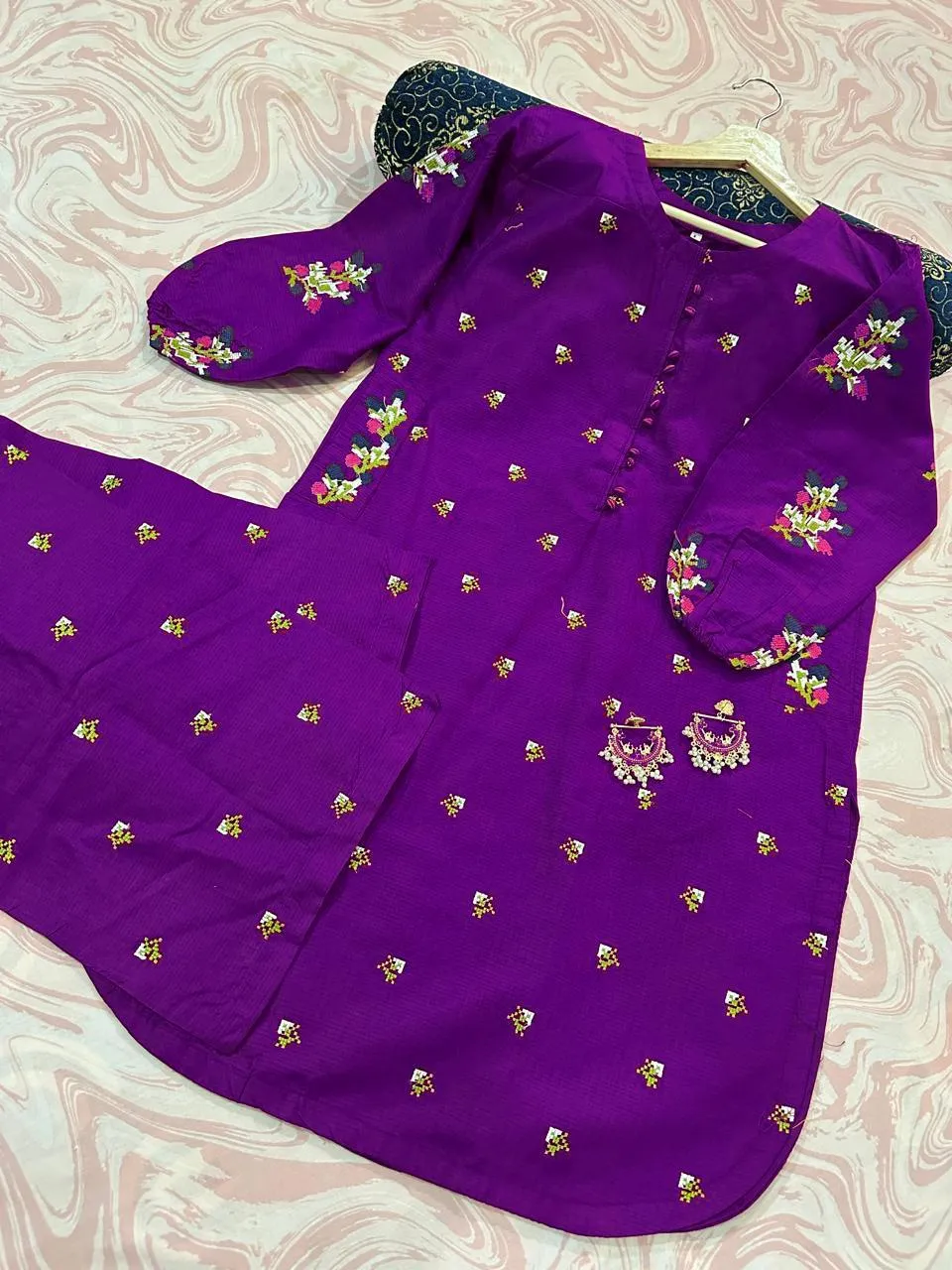 Purple Linen Embroidered Set for Women