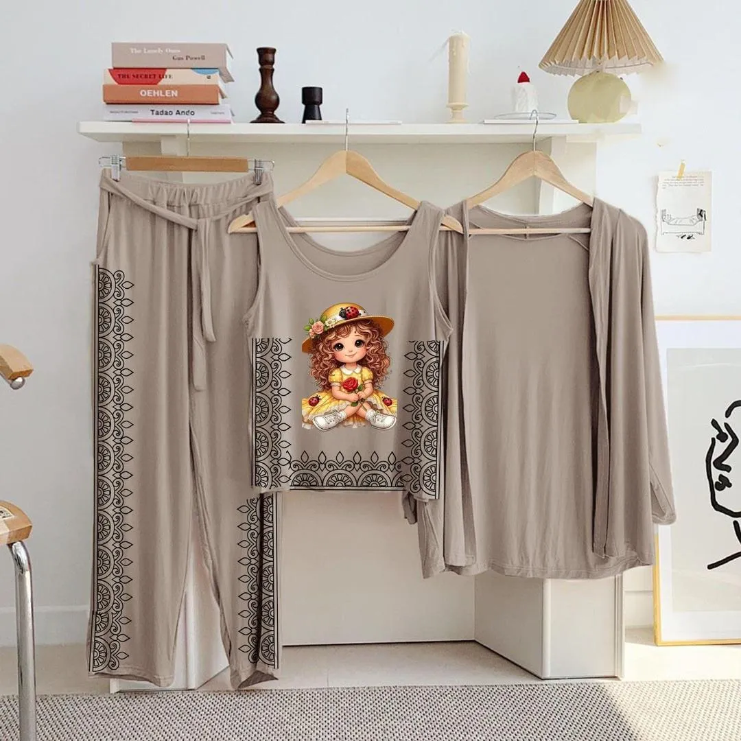 Beige Printed 3-Piece Night Suit for Women
