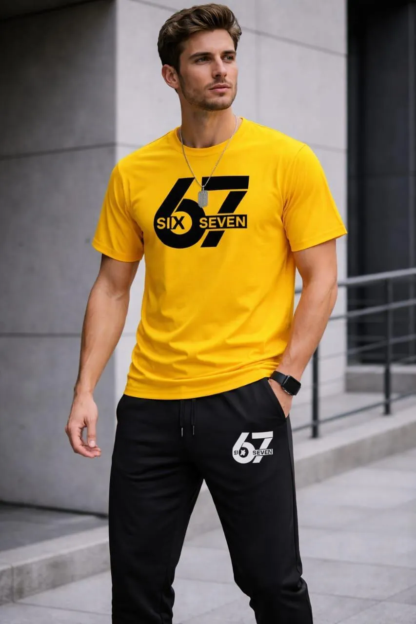 Men Printed 67 Seven Track Suit Yellow Black 2Pcs