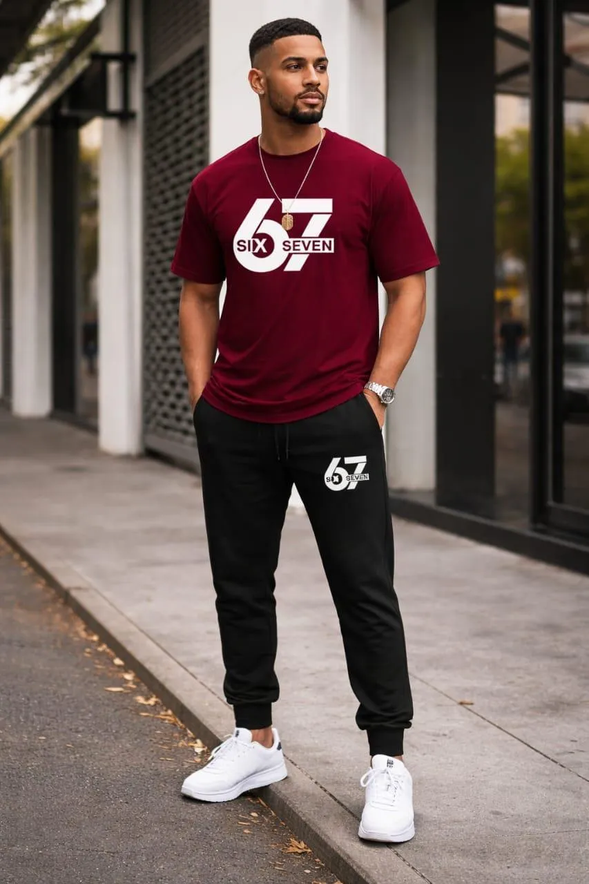 Men Printed 2-Piece Tracksuit Maroon Black 67 Six Seven Polyester