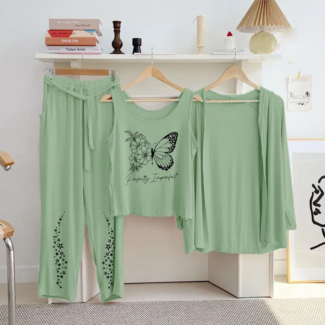 Green Printed 3-Piece Women's Night Suit with Butterfly Design