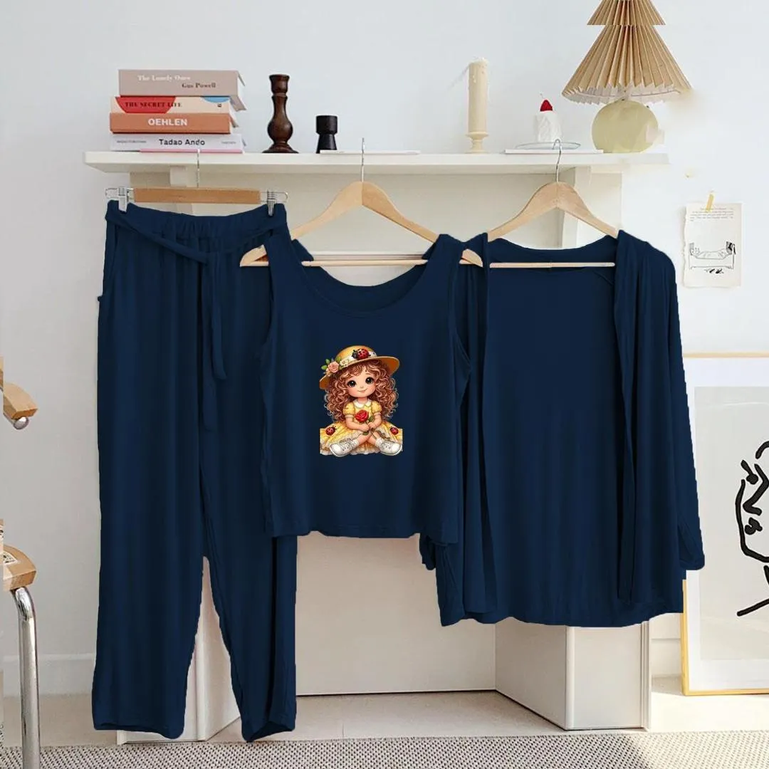 Blue Printed 3 Pcs Women Night Suit Jersey