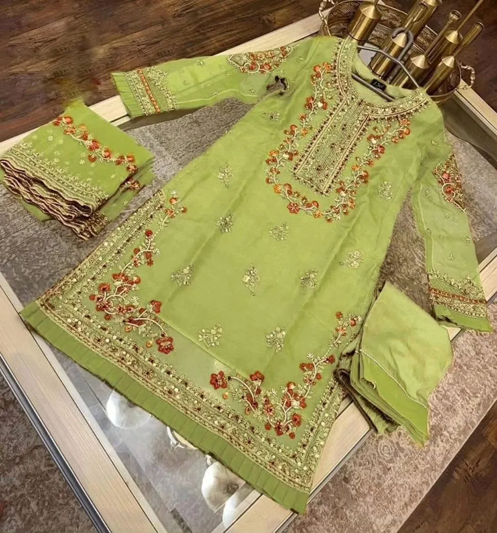 Green Organza 3Pcs Handwork Eid Party Suit