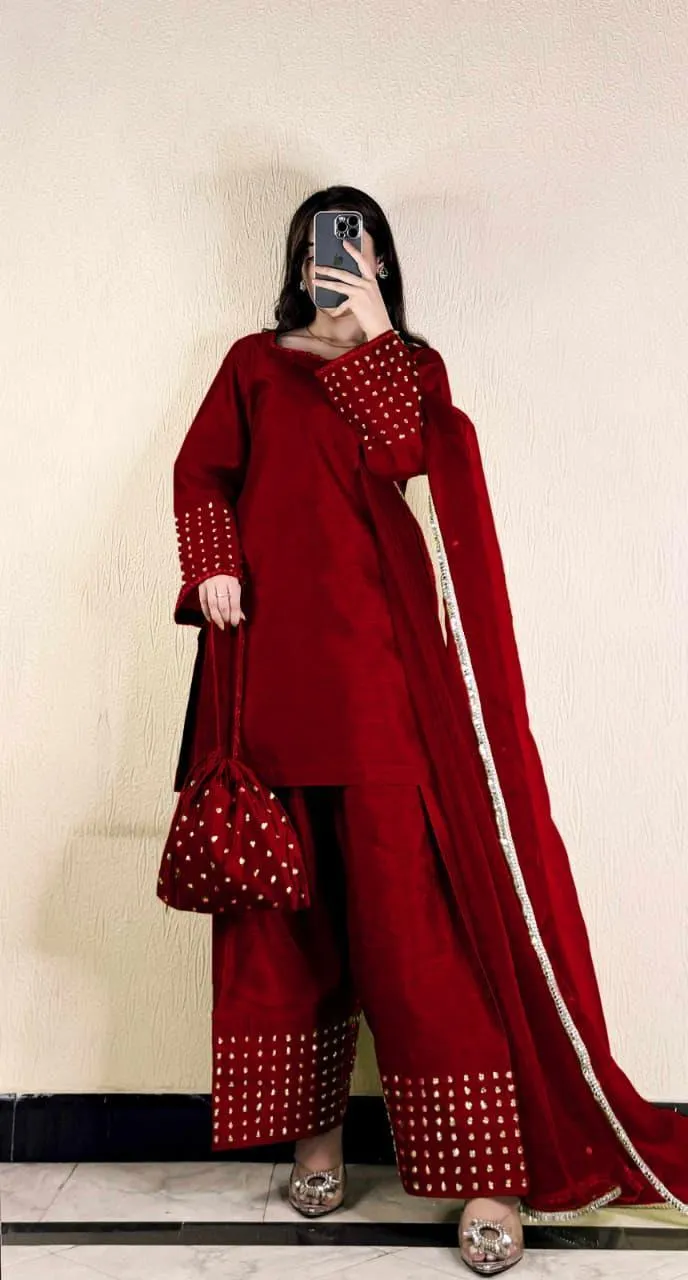 Maroon Farshi Shalwar Set 4Pcs with Lace Dupatta