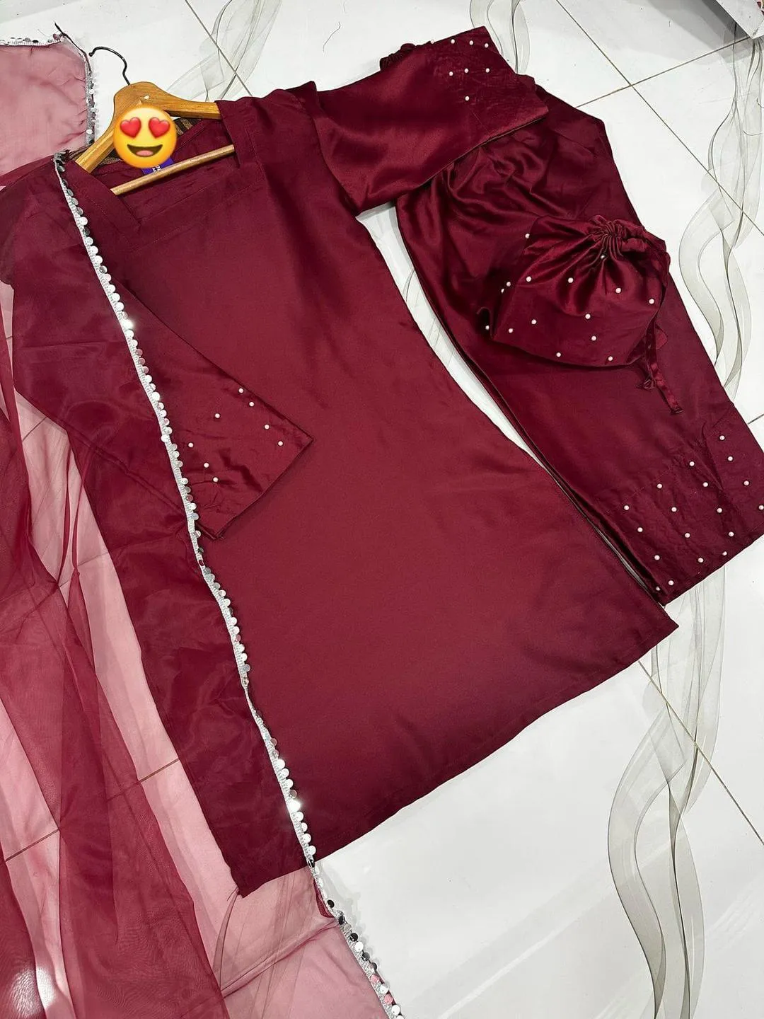 Maroon Farshi Shalwar Set 4Pcs with Lace Dupatta