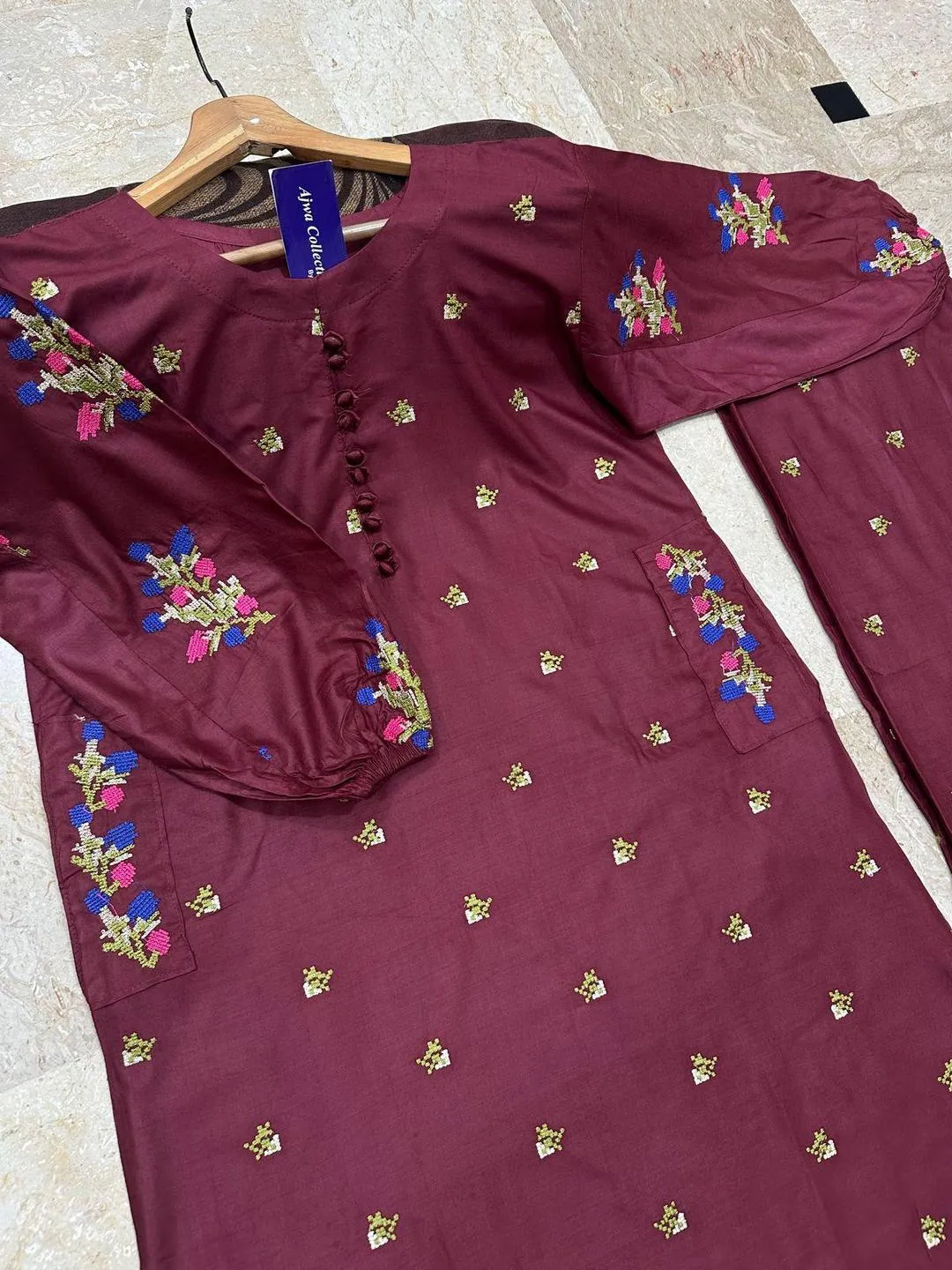 Maroon Embroidered Kurti & Flapper Set for Women