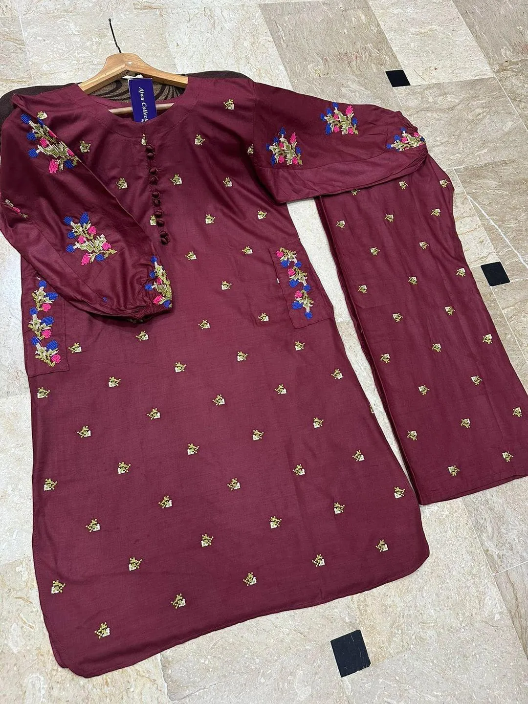 Maroon Embroidered Kurti & Flapper Set for Women