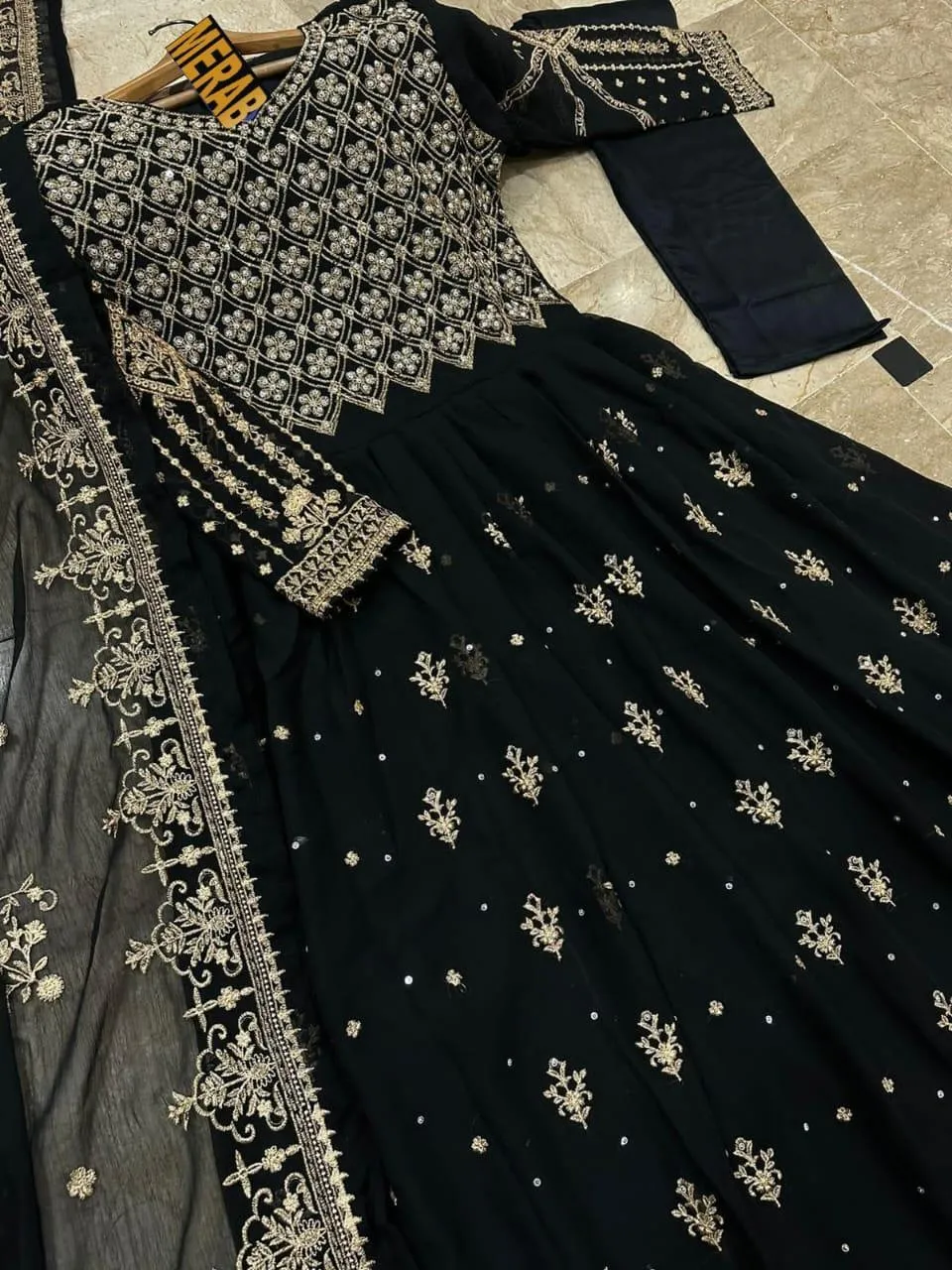 Black Chiffon Embroidered Maxi Suit 3Pcs Party Wear