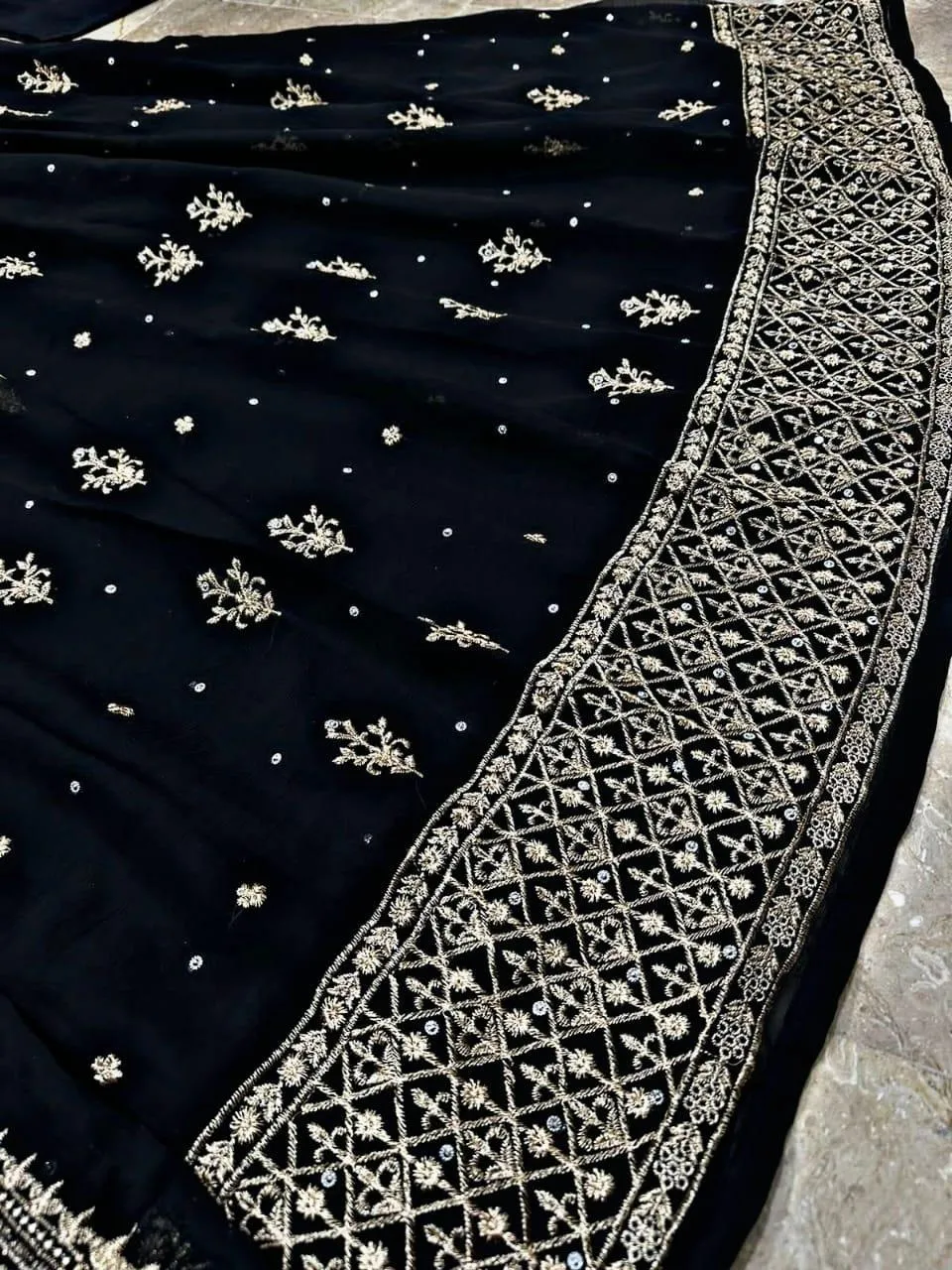 Black Chiffon Embroidered Maxi Suit 3Pcs Party Wear