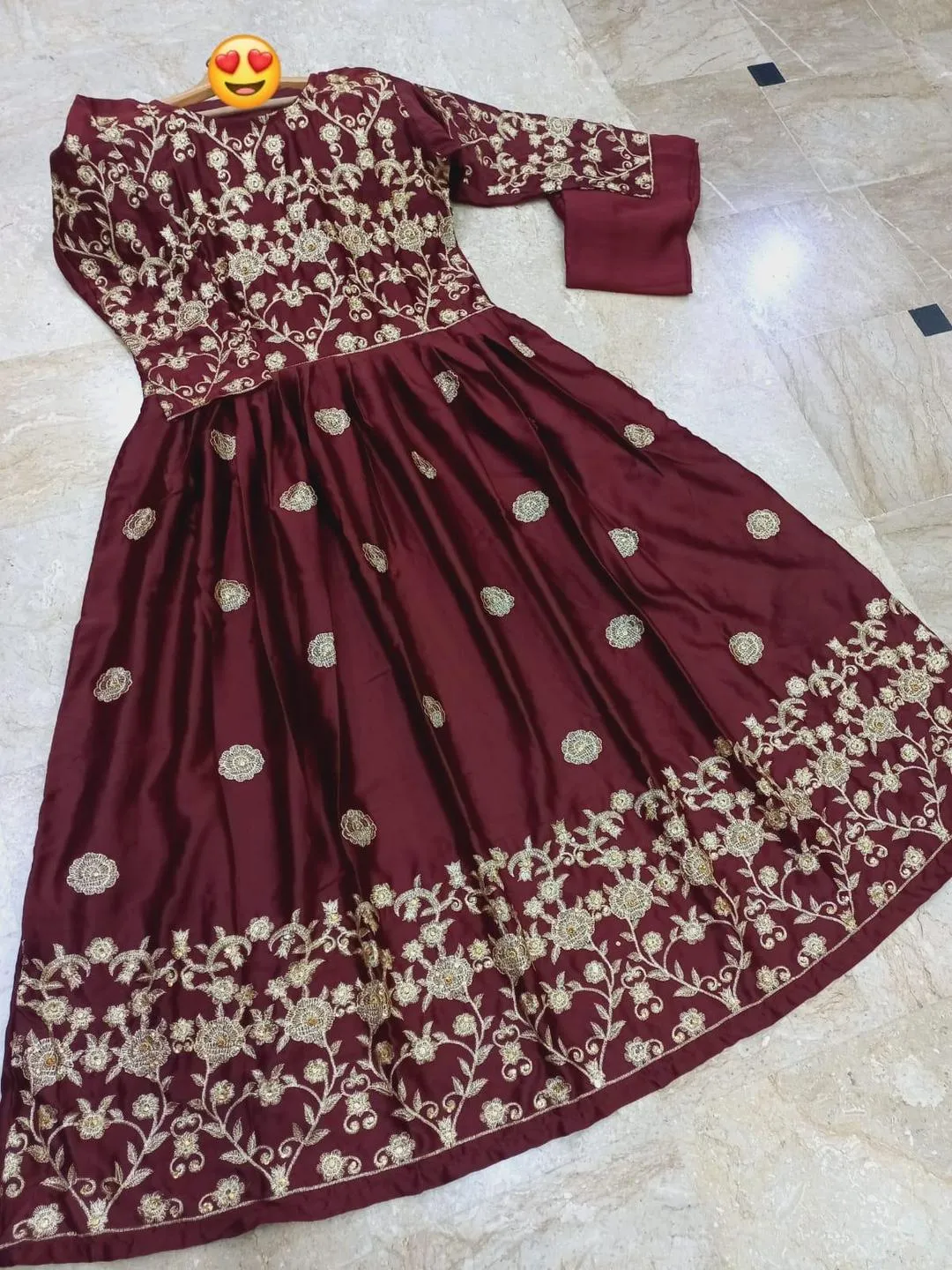 Maroon Embroidered Maxi Set with Gold Work for Eid Party