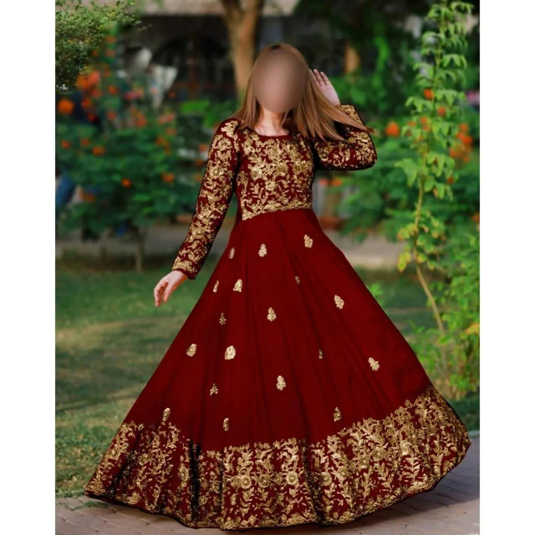 Maroon Embroidered Maxi Set with Gold Work for Eid Party