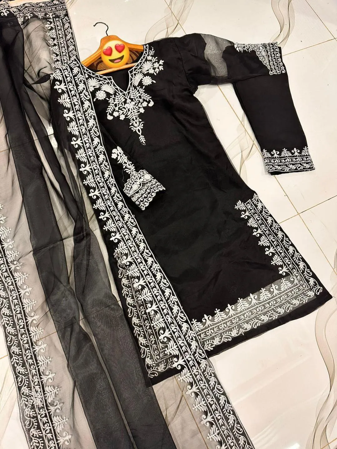 Black Organza 3-Piece Suit with Heavy Embroidery for Eid & Weddings