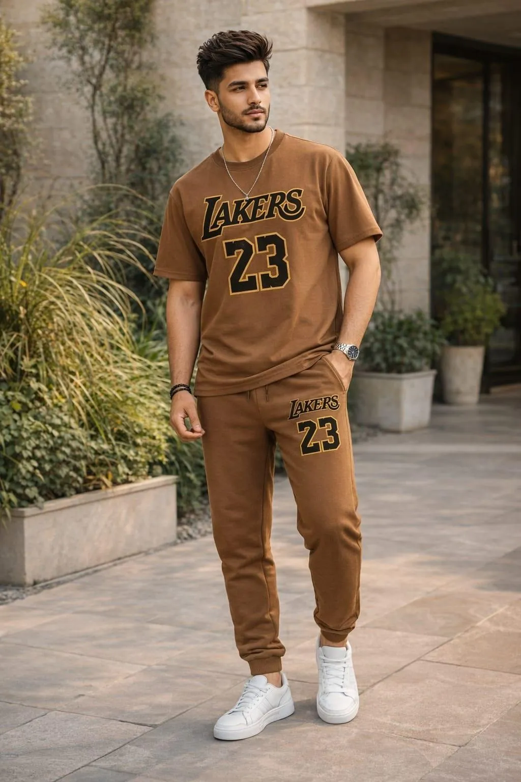 Men Brown Lakers 23 Printed Track Suit Set