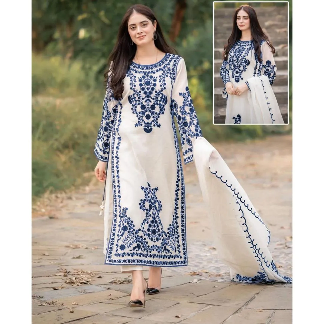 Neck,Sleeves,Daman Embroidered Shirt With Fully Embroidered Dupatta 3Pcs