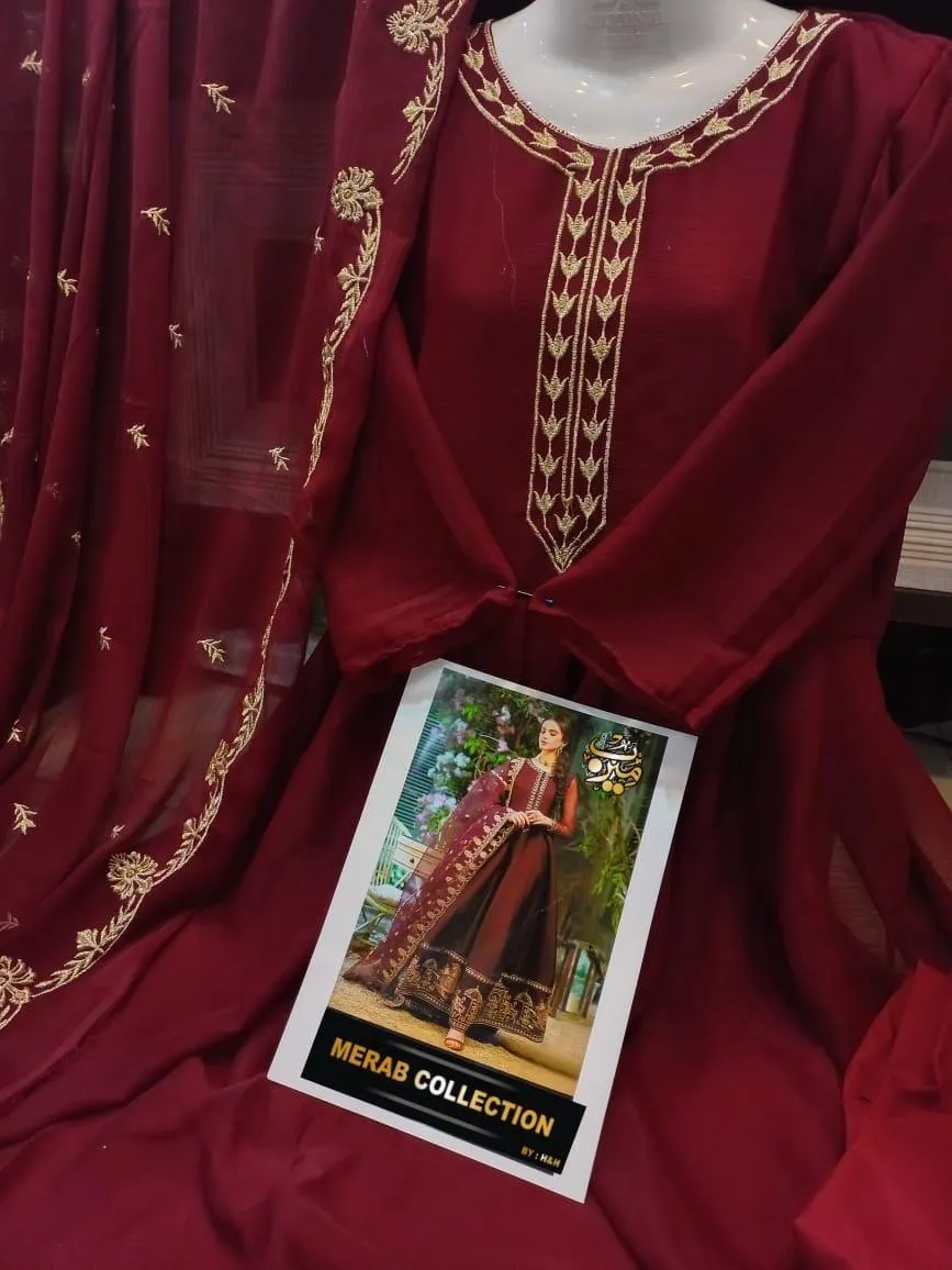 Maroon Chiffon Embroidered Maxi Suit 3Pcs Set