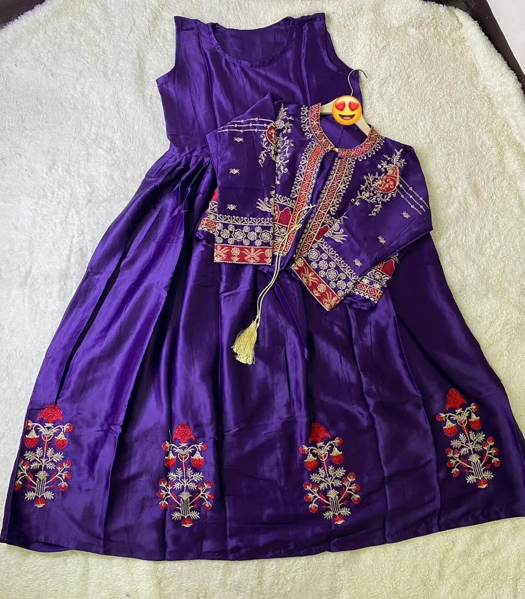 Purple Embroidered Shamoz Silk Maxi & Jacket Set