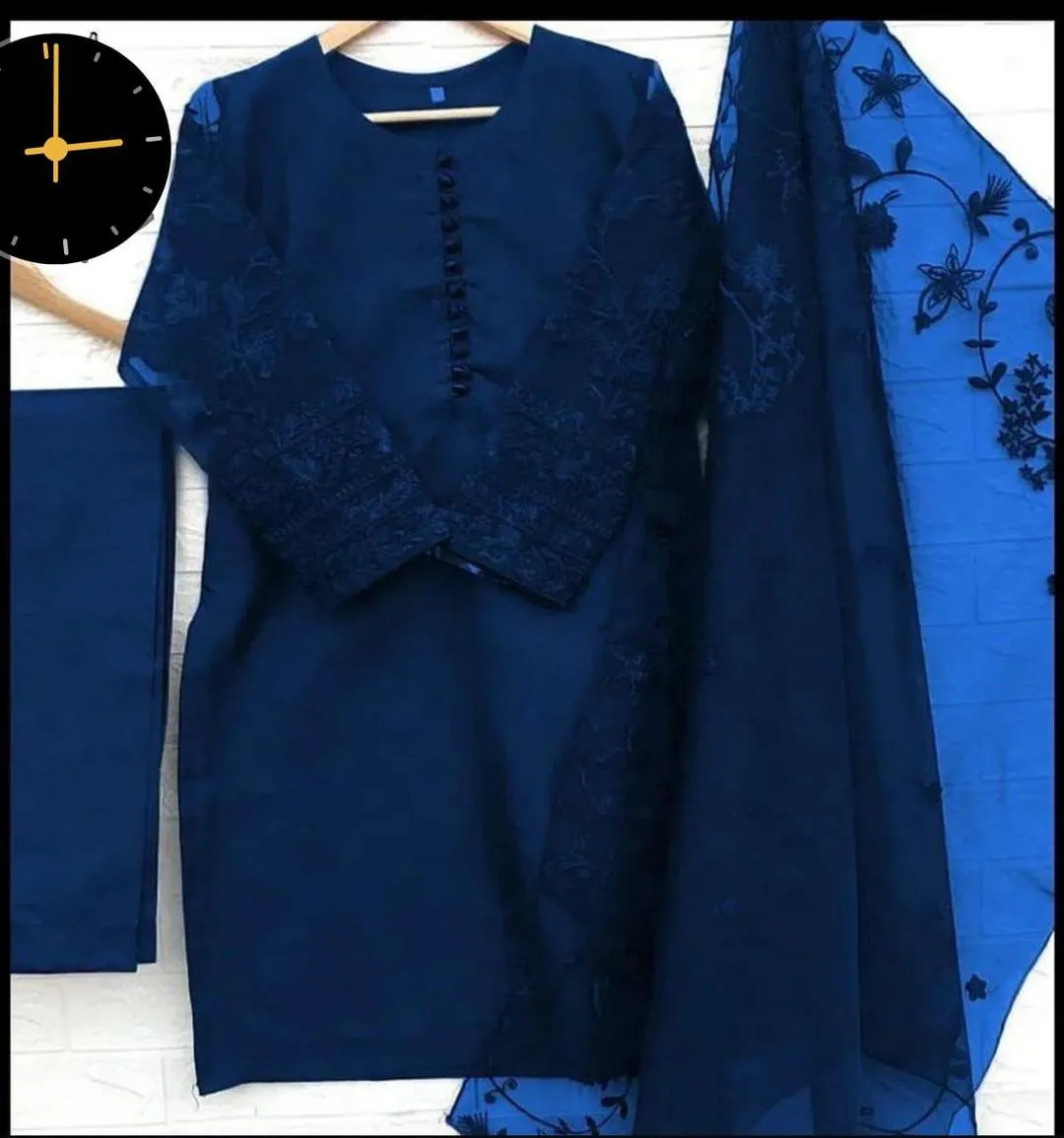 Blue Organza 3-Piece Suit with Embroidery for Eid & Weddings