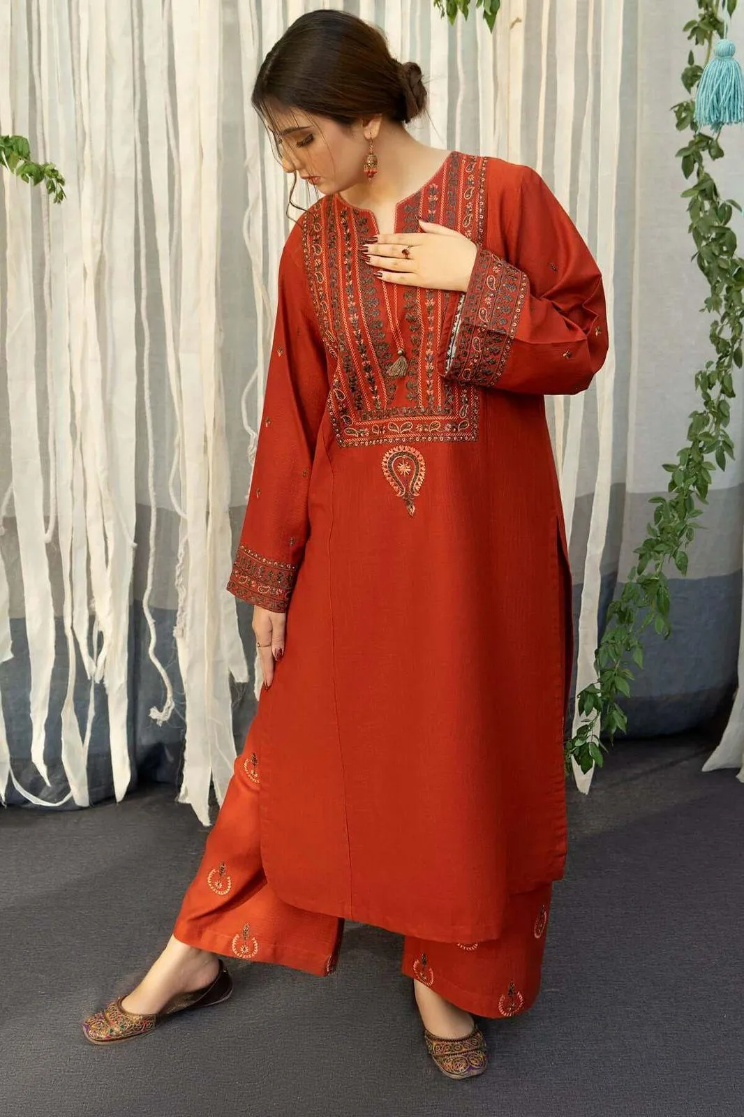Orange Embroidered 3-Piece Lawn Suit with Printed Dupatta