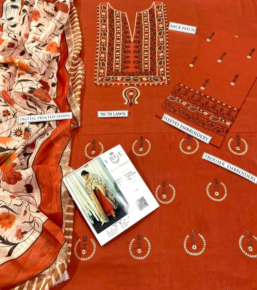 Orange Embroidered 3-Piece Lawn Suit with Printed Dupatta
