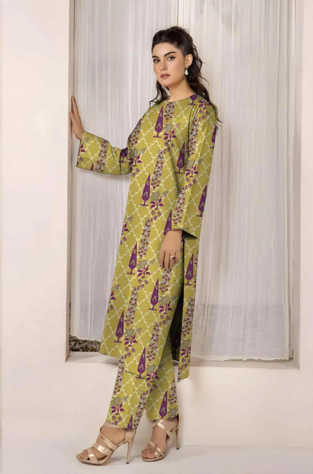 Printed Lawn 2-Piece Suit Yellow Purple Floral