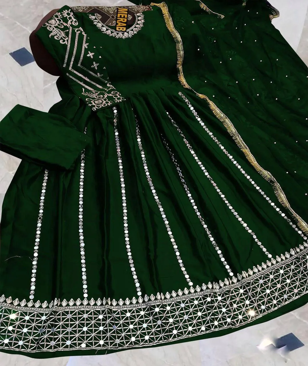 Green Embroidered Shamoz Silk Maxi Suit 3Pcs With Pearls Dupatta